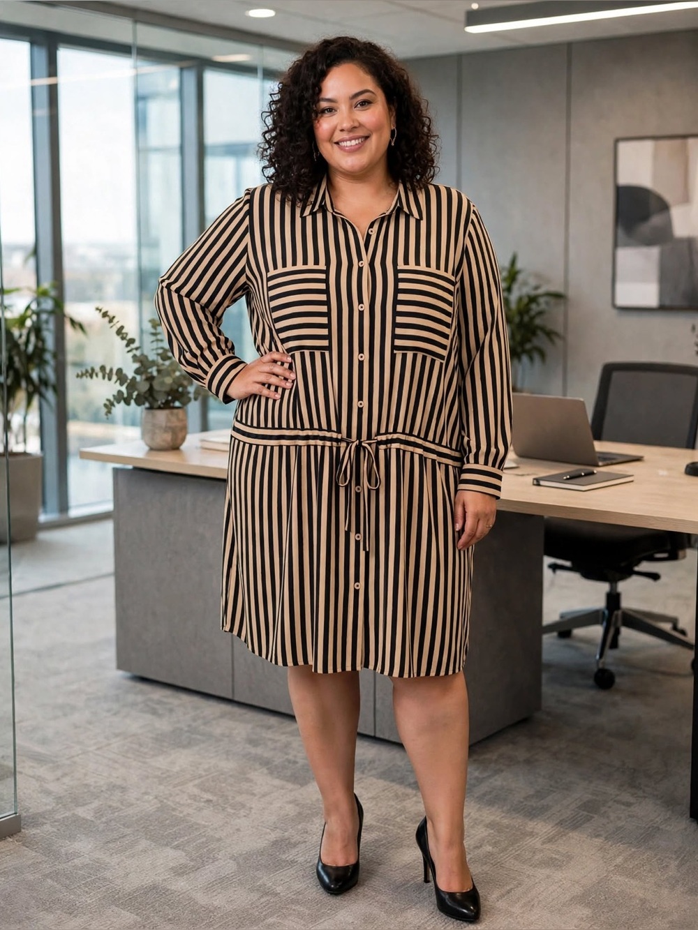 🔥2/$5 Yours Clothing Black and Cream Vertical-Stripe Button Tunic Dress